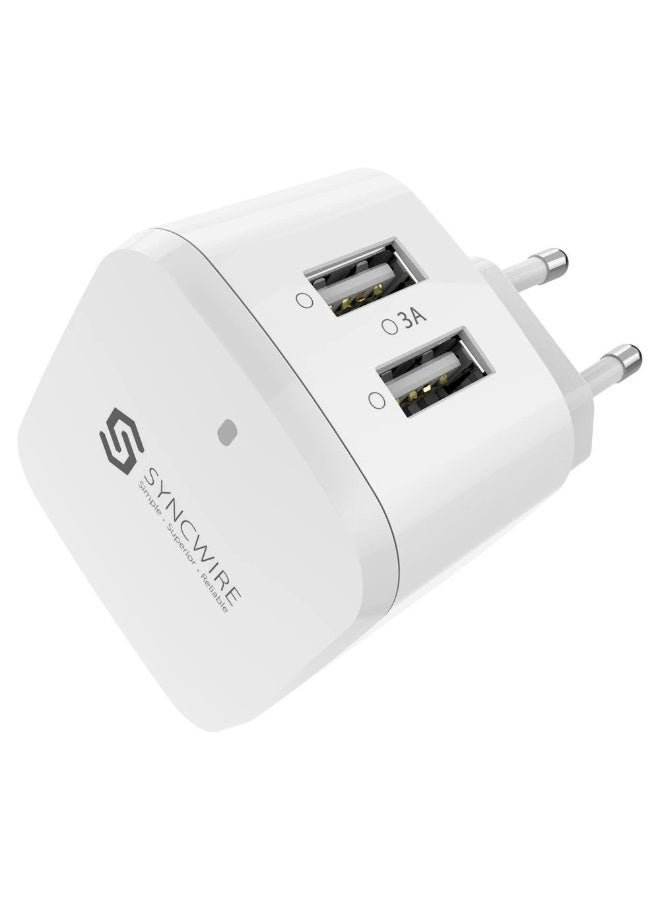 ساينك واير شاحن حائط مزدوج USB من Syncwire بقدرة 3 أمبير – محول شحن سريع بمنفذي USB (قابس أوروبي EU، باللون الأبيض - Image 1